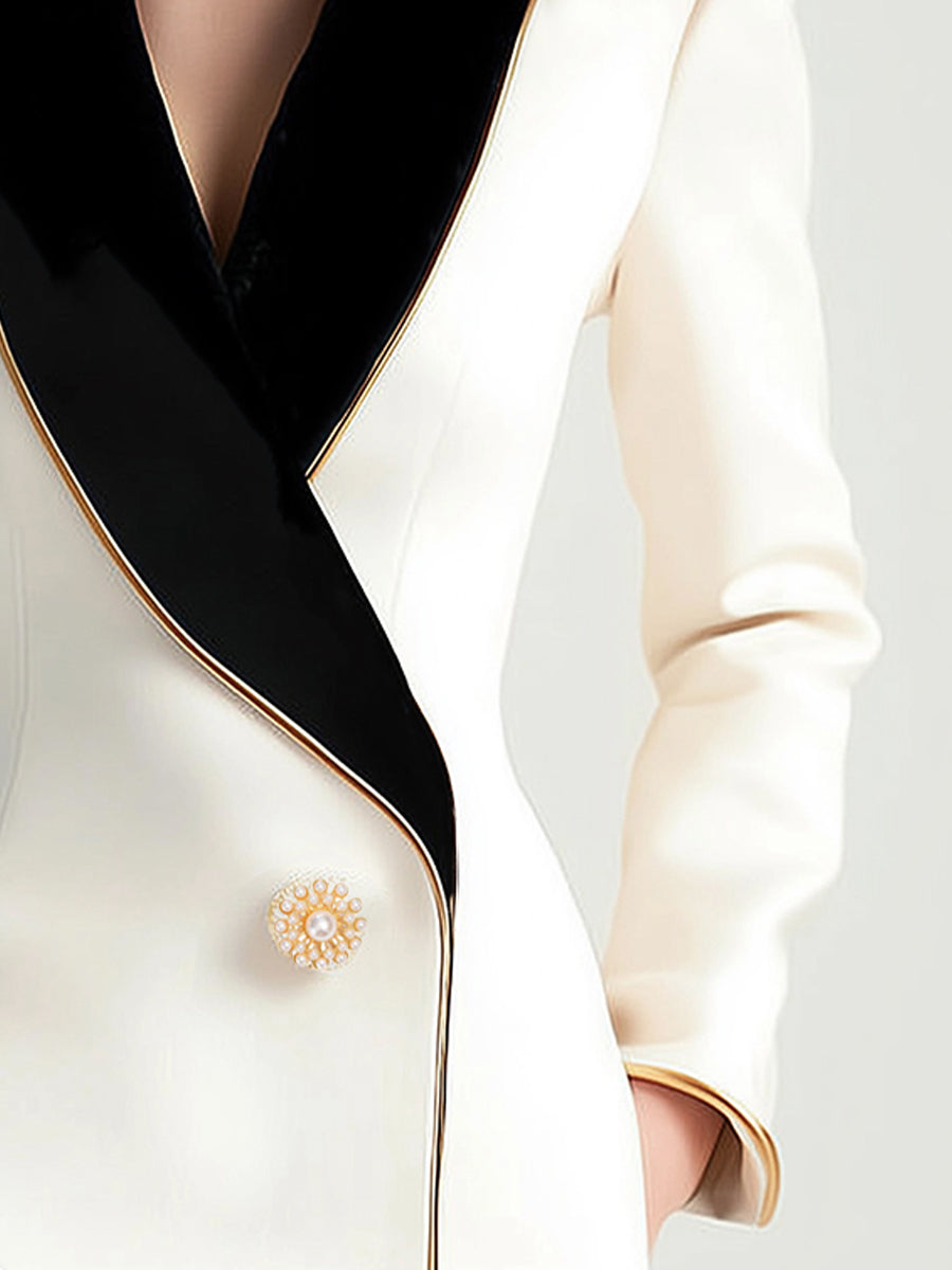 Kaenisse - Elegant White Asymmetrical Blazer with Black Lapels