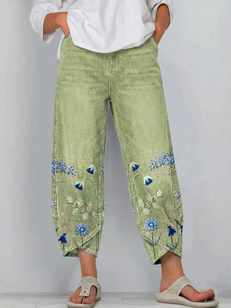 Fiorixa - Women's straight-cut casual denim pants with floral embroidery