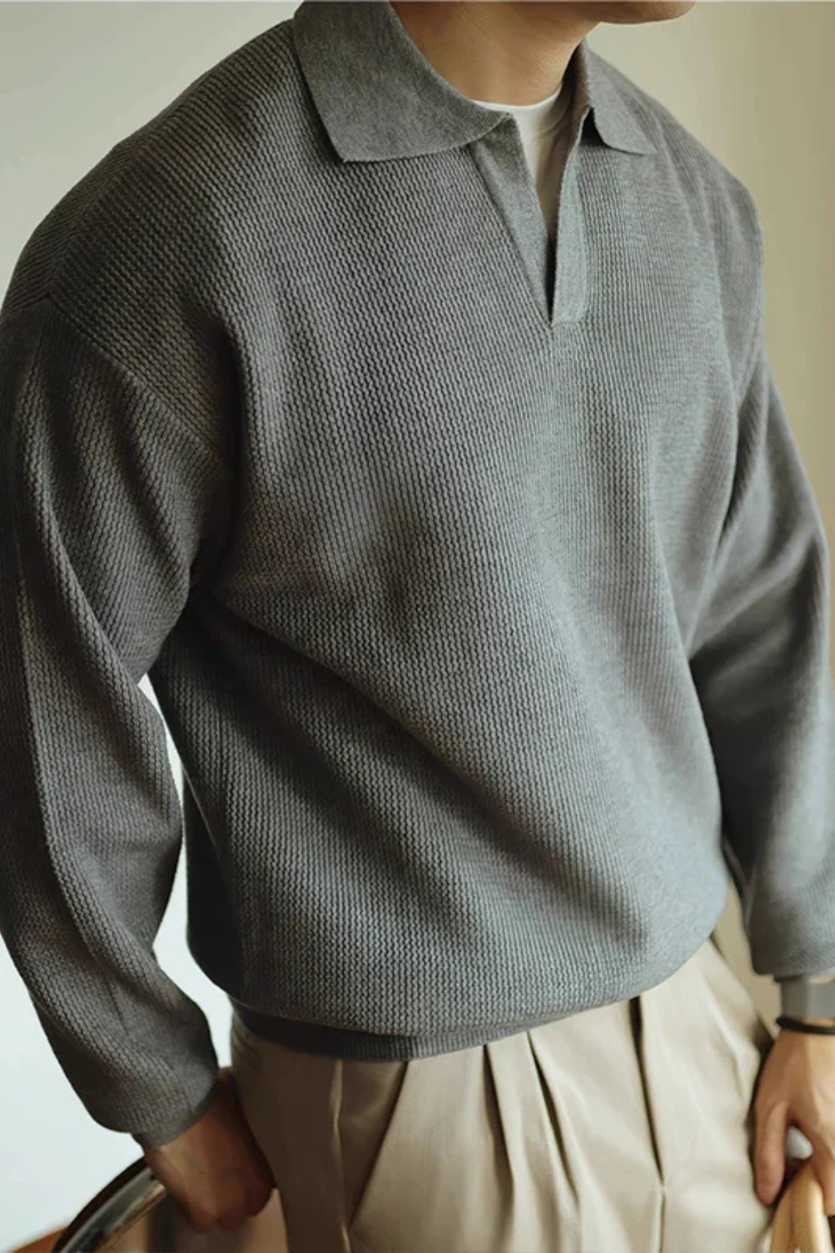 Soren | Textured Knit Polo Shirt with Spread Collar