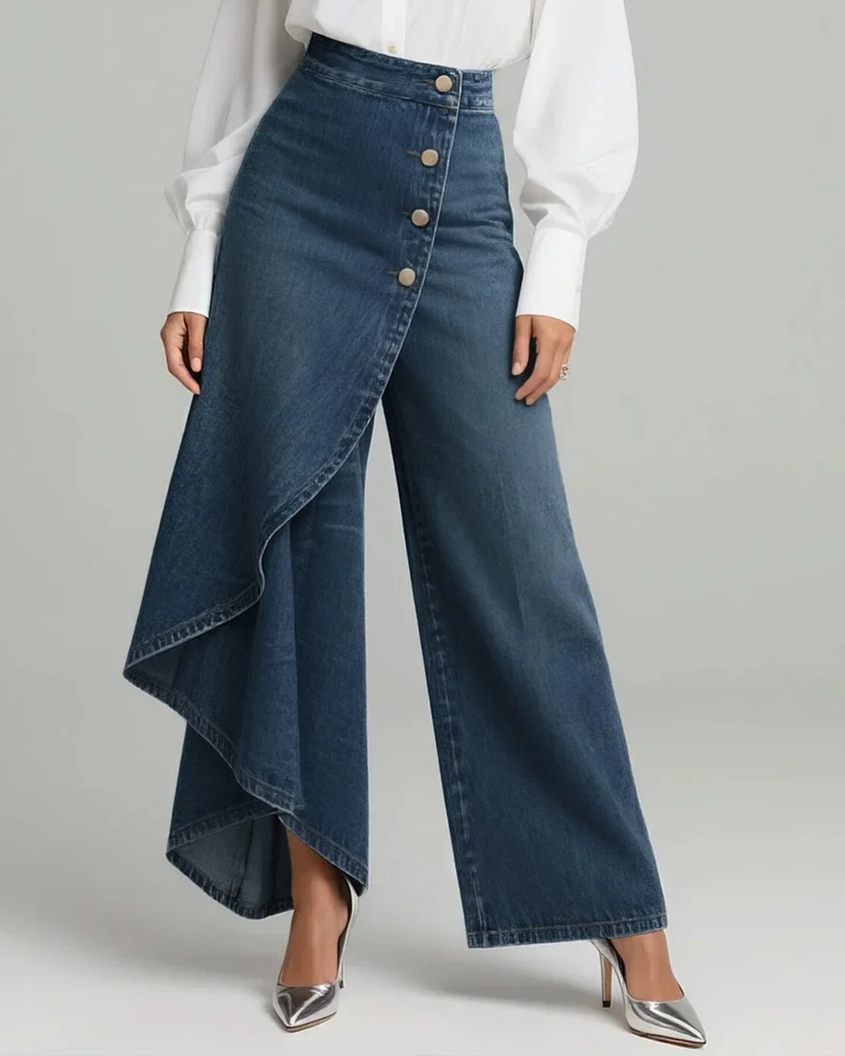 Pavellea - Wide Leg Denim Jeans with Wrap Skirt Effect
