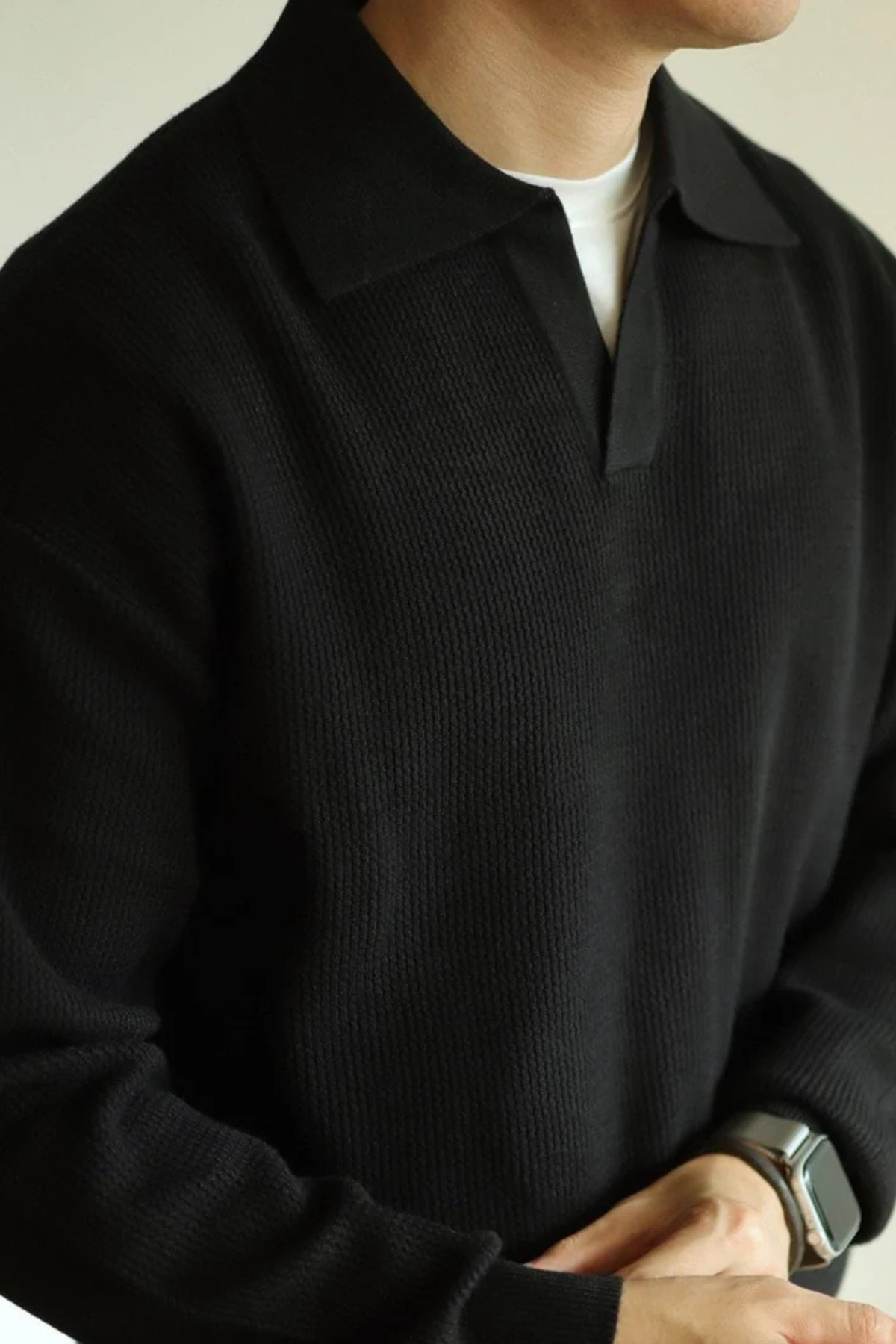 Soren | Textured Knit Polo Shirt with Spread Collar