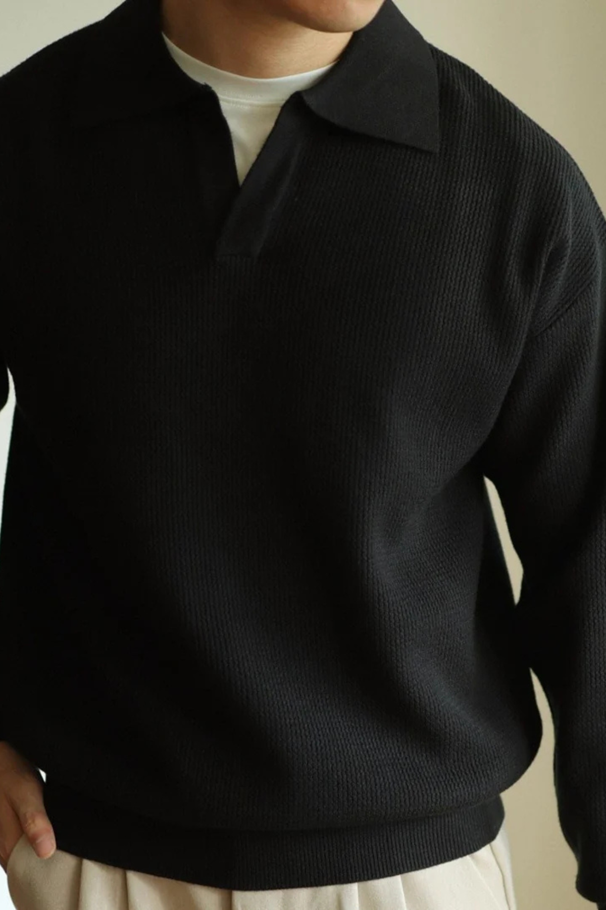 Soren | Textured Knit Polo Shirt with Spread Collar
