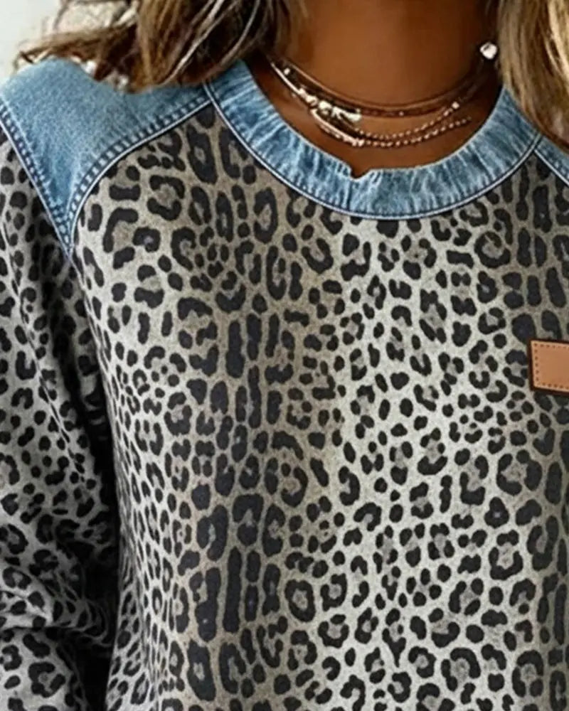 Averelisse - Casual Style Leopard Patchwork Denim Sweater