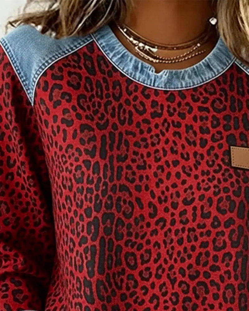 Averelisse - Casual Style Leopard Patchwork Denim Sweater