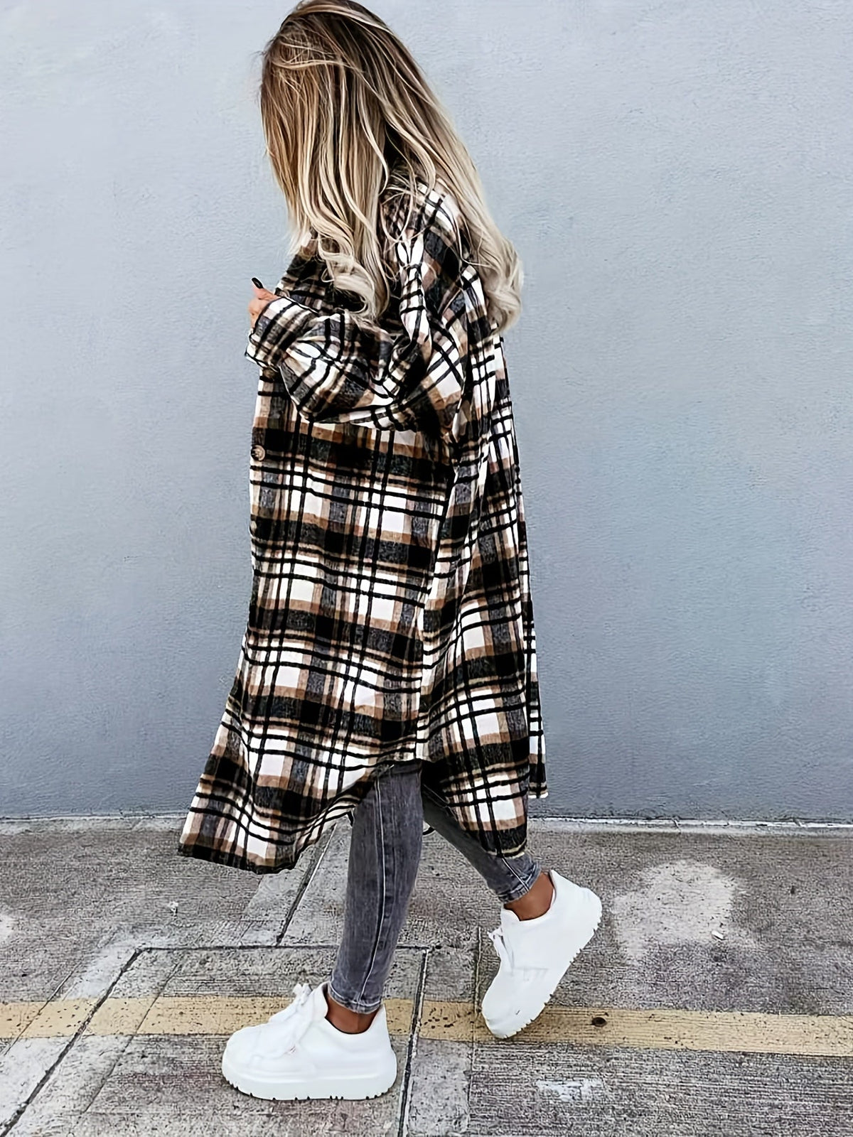 Evelora - Women's Long Plaid Print Jacket