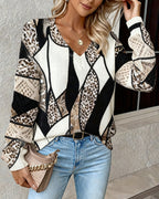 Gwenavine - Leopard Print V-Neck Sweater with Holes