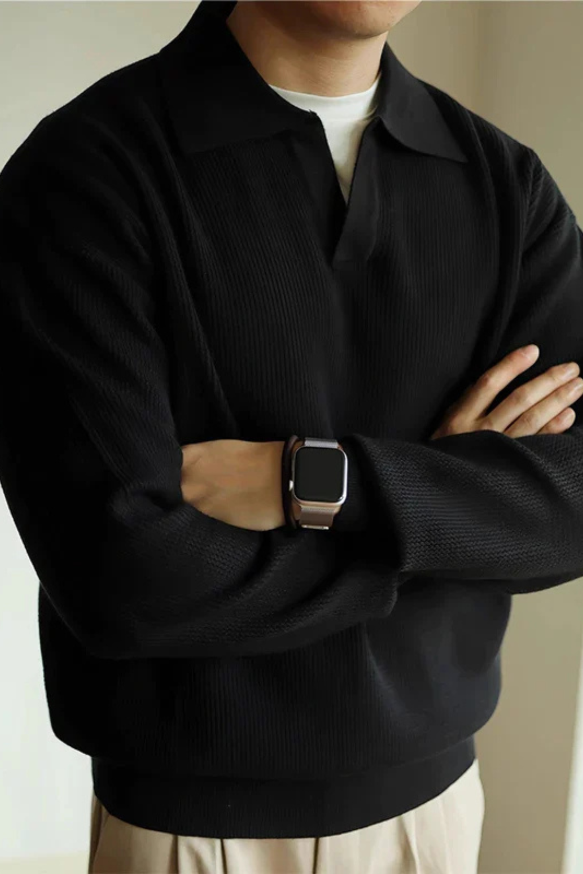 Soren | Textured Knit Polo Shirt with Spread Collar