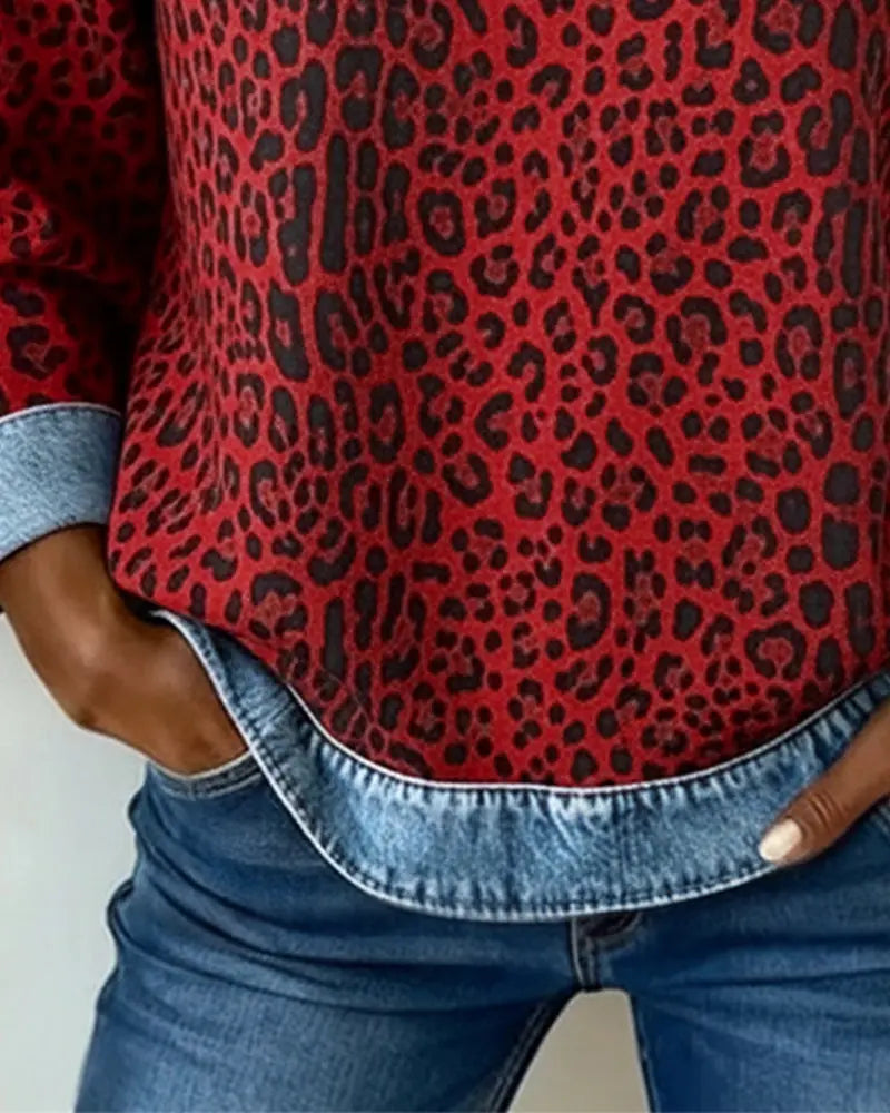 Averelisse - Casual Style Leopard Patchwork Denim Sweater