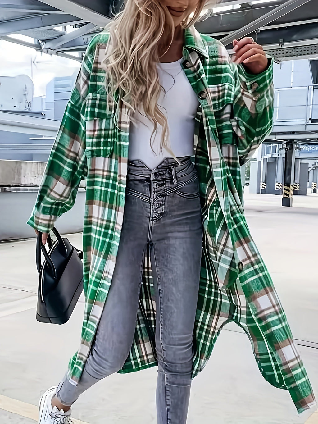 Evelora - Women's Long Plaid Print Jacket