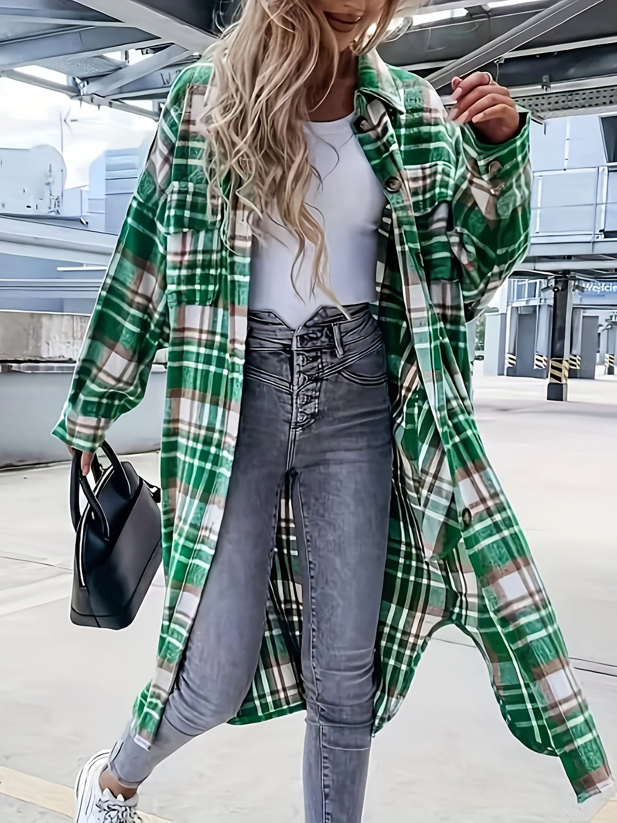 Evelora - Women's Long Plaid Print Jacket