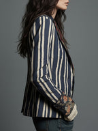 Avenorix - Chic Vintage Floral Print Bohemian Striped Women's Blazer