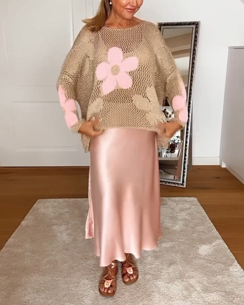 Sasha - Floral knit sweater with long openwork sleeves