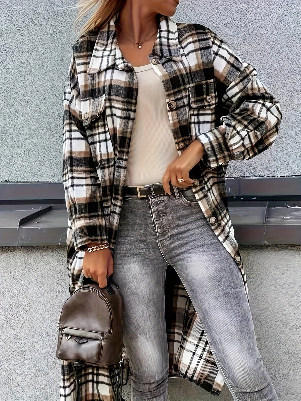 Evelora - Women's Long Plaid Print Jacket