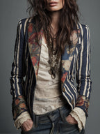 Avenorix - Chic Vintage Floral Print Bohemian Striped Women's Blazer