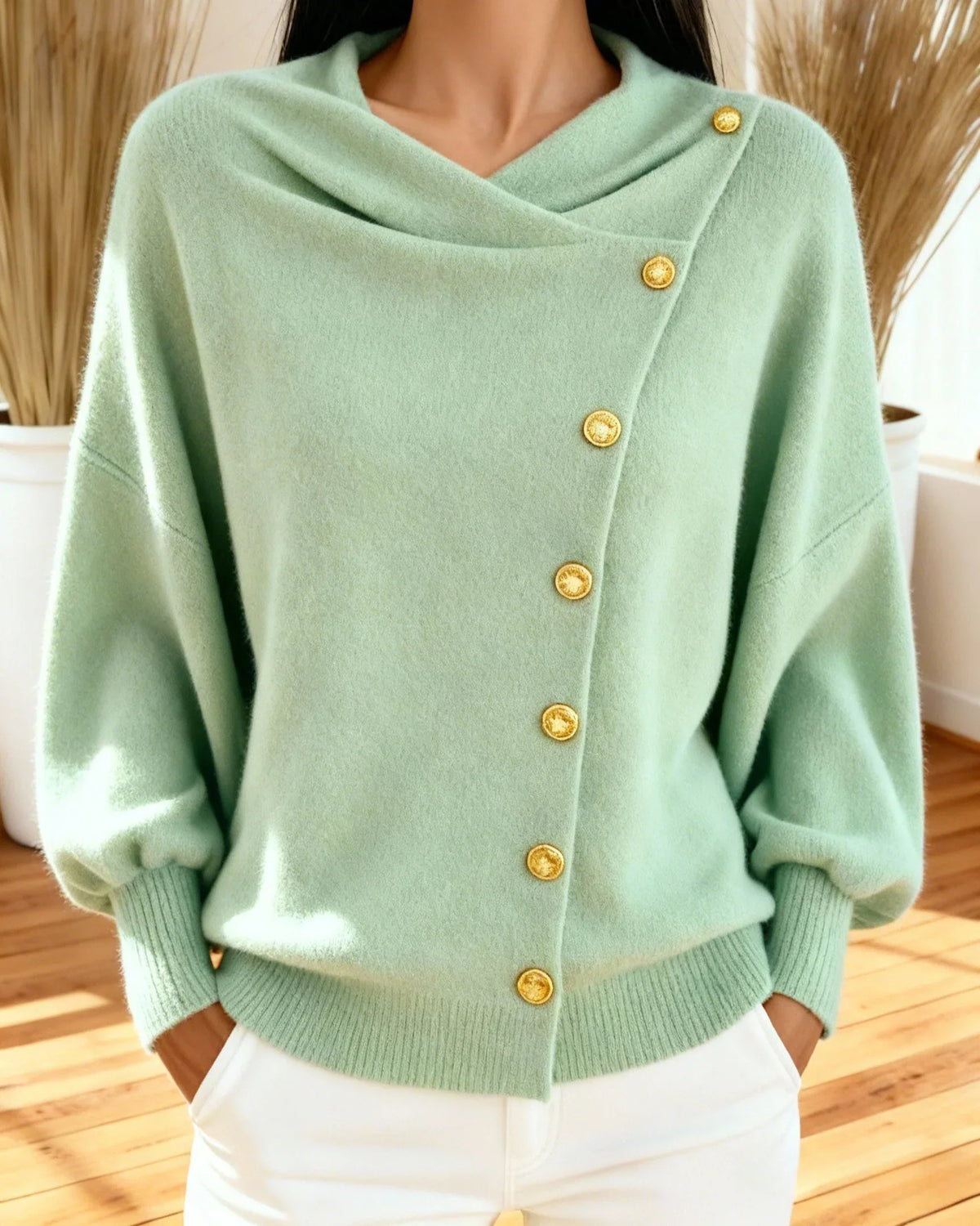 Isavellora - Elegant Draped Sweater with Gold Buttons