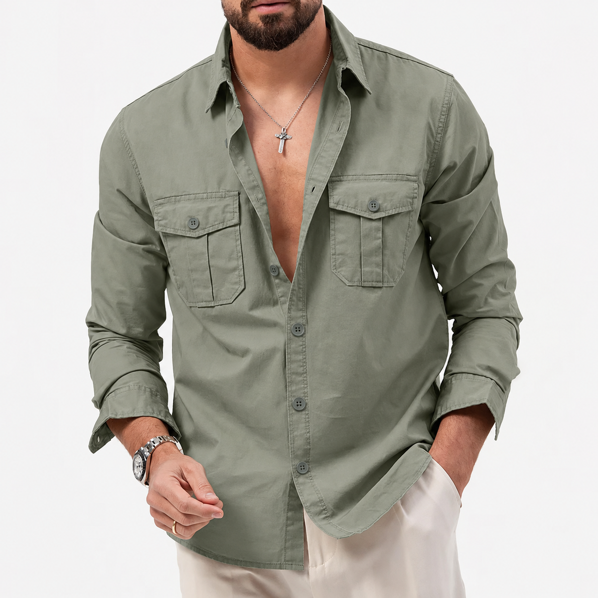 Yosef | Long Sleeve Shirt with Two Flap Chest Pockets