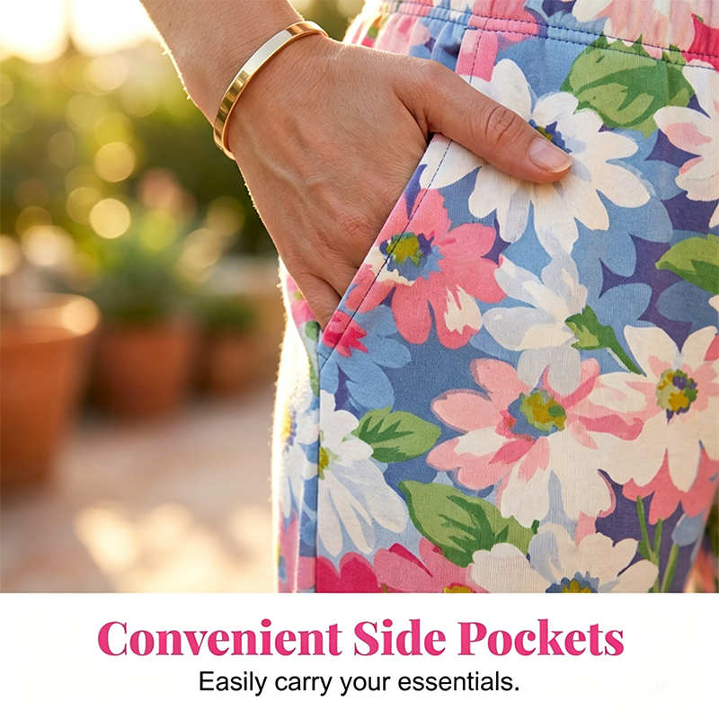 Marovelle - Women's floral trousers with adjustable waist and pockets