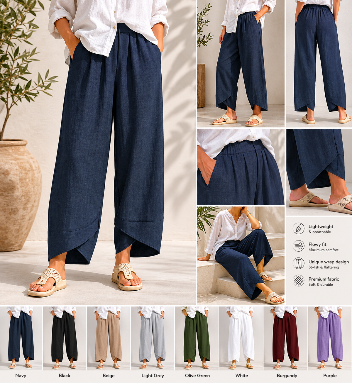 Belythia - Women's Vintage Asymmetrical High-Waisted Flowy Trousers with Pockets