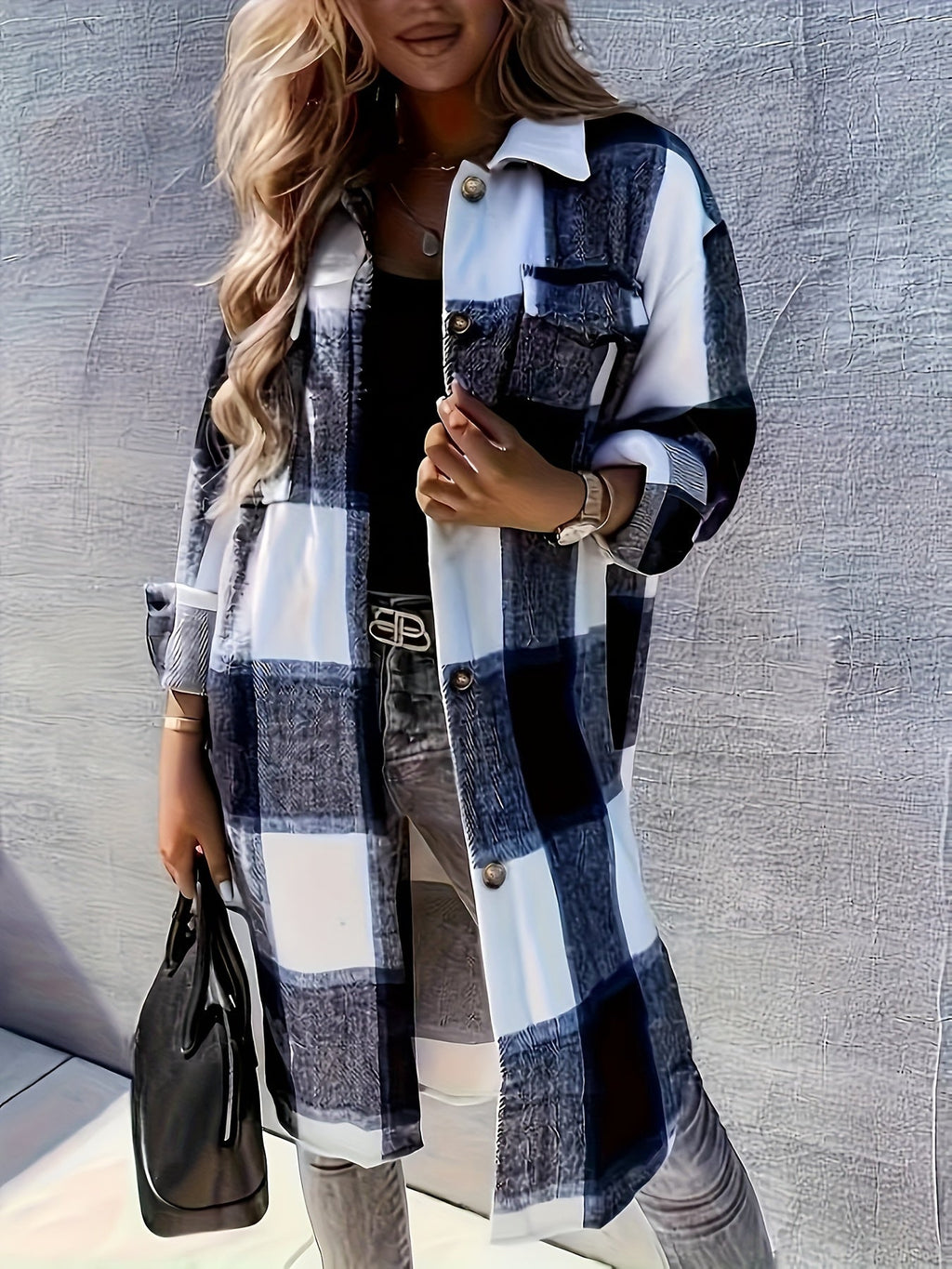 Evelora - Women's Long Plaid Print Jacket