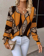 Gwenavine - Leopard Print V-Neck Sweater with Holes
