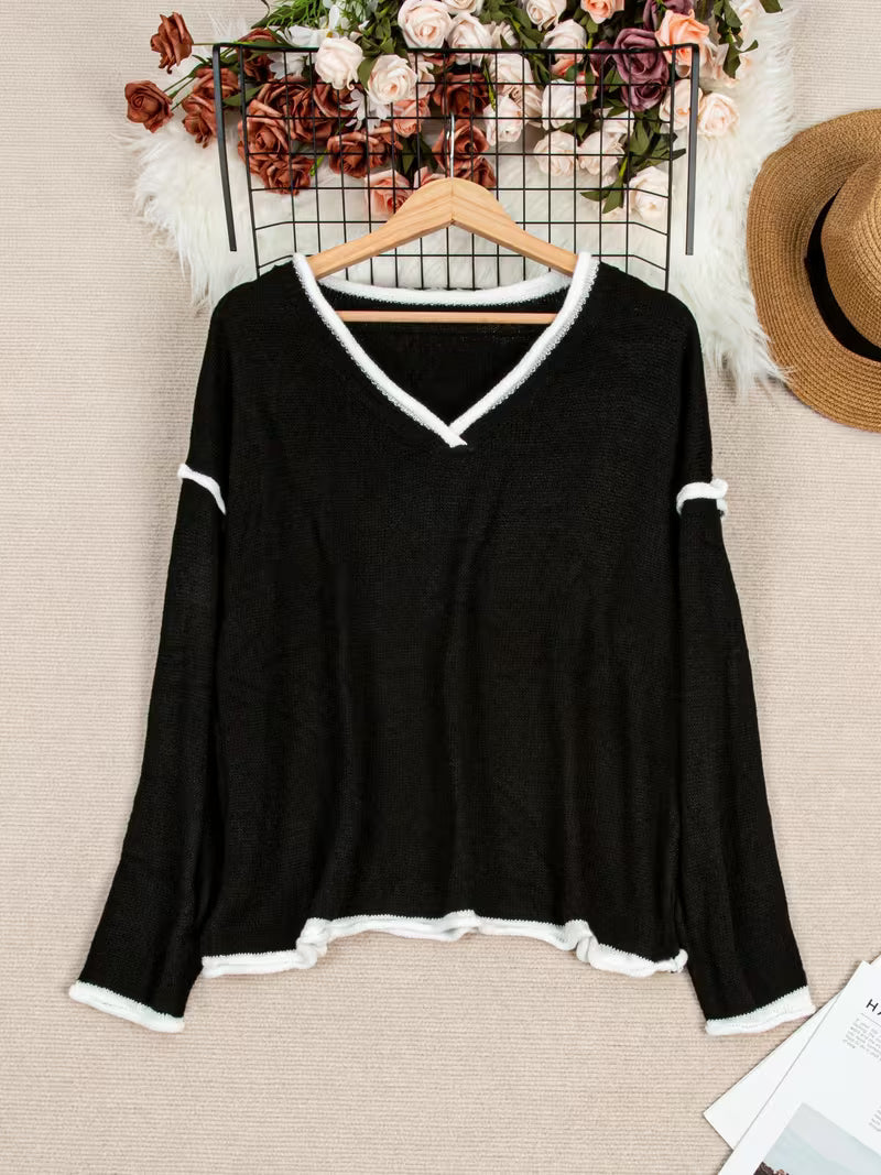 Gwenetta - Casual V-Neck Long Sleeve Sweater