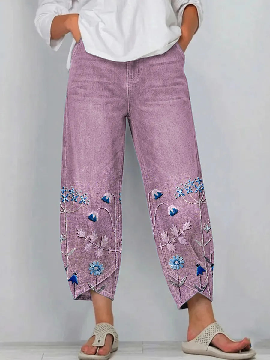 Fiorixa - Women's straight-cut casual denim pants with floral embroidery