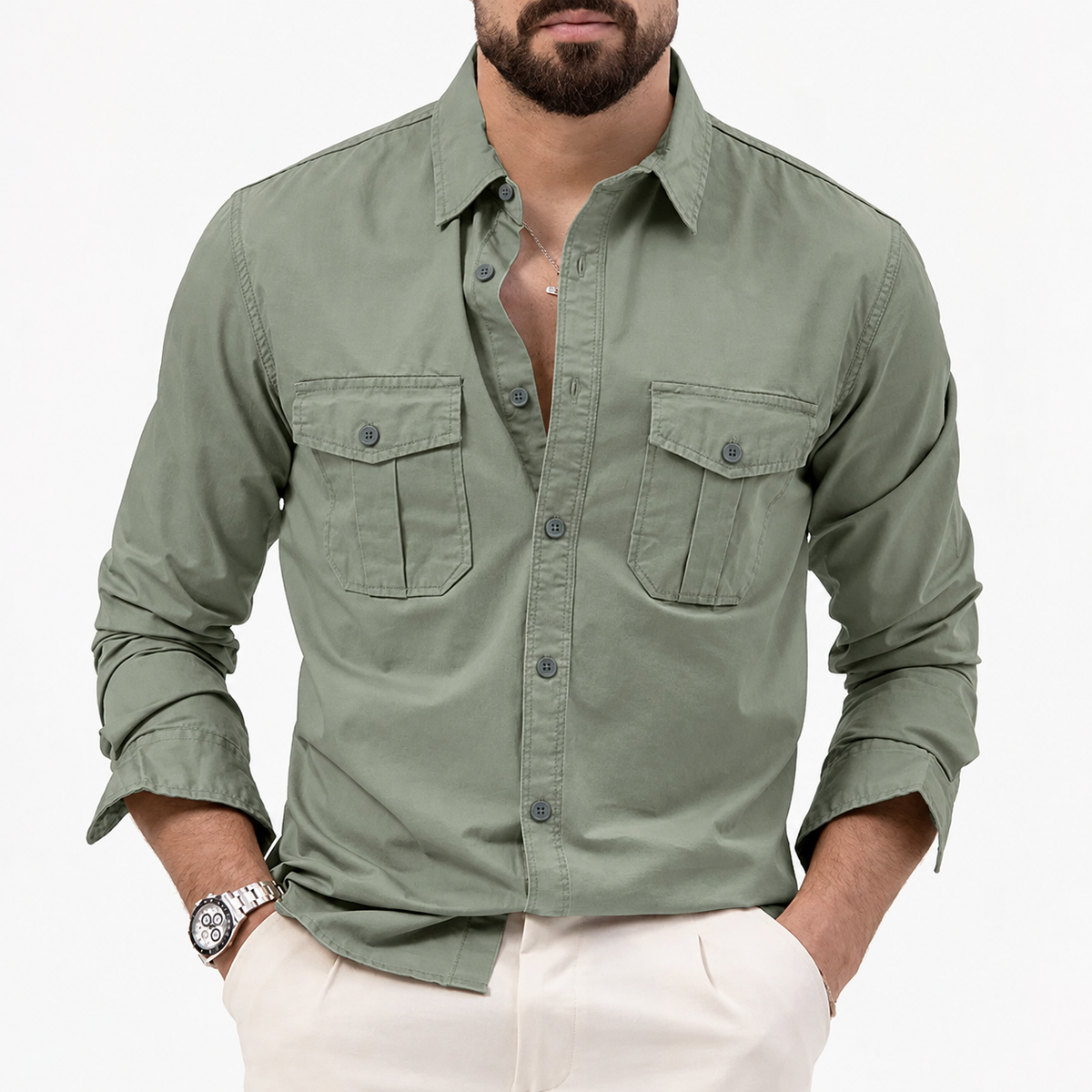 Yosef | Long Sleeve Shirt with Two Flap Chest Pockets