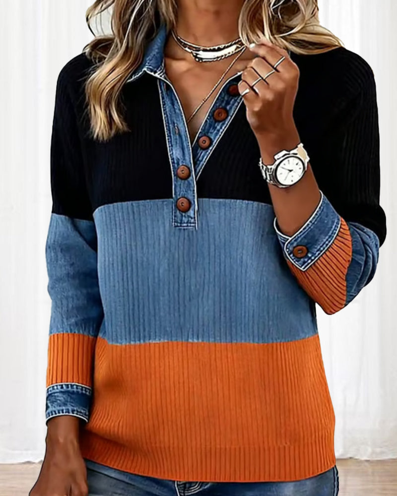 Fayriennea - Chic Contrasting Top with Lapel Collar