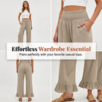 Dorexa - Women's High-Waisted Smocked Wide Leg Boho Cotton Linen Trousers