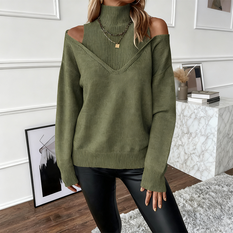 Avenelle - Women's Bold Wool Sweater with High Neck and Off-the-Shoulder