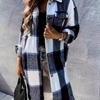 Evelora - Women's Long Plaid Print Jacket