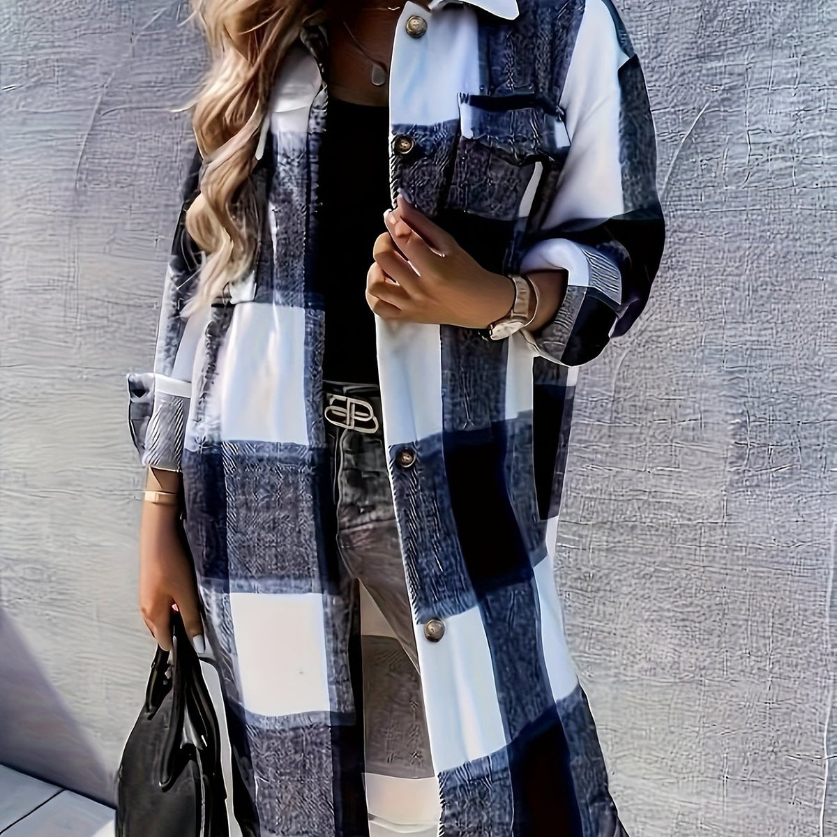 Evelora - Women's Long Plaid Print Jacket