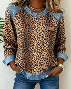 Averelisse - Casual Style Leopard Patchwork Denim Sweater