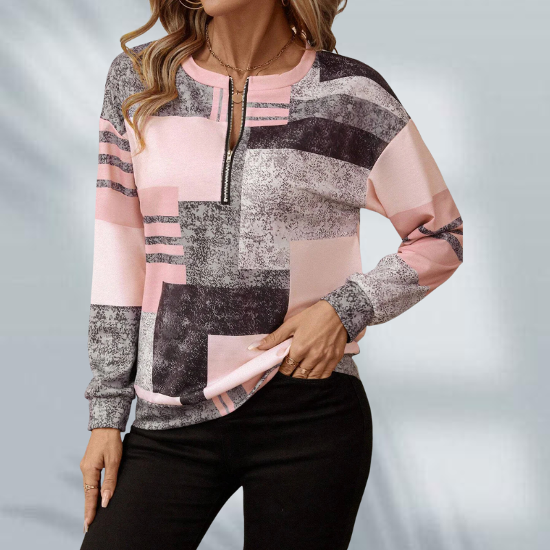 Oralissora - Geometric Patchwork Half-Zip Sweater