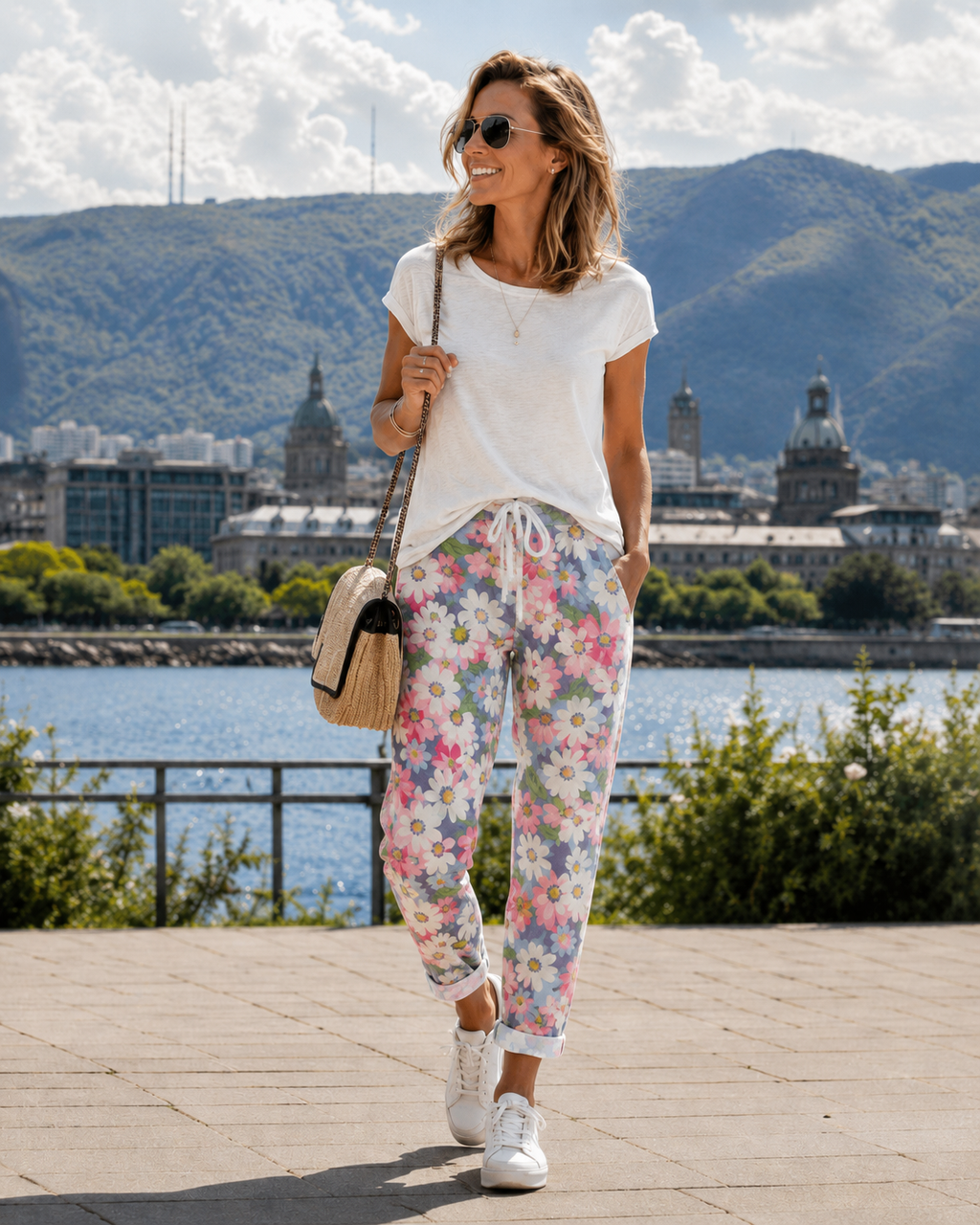Marovelle - Women's floral trousers with adjustable waist and pockets