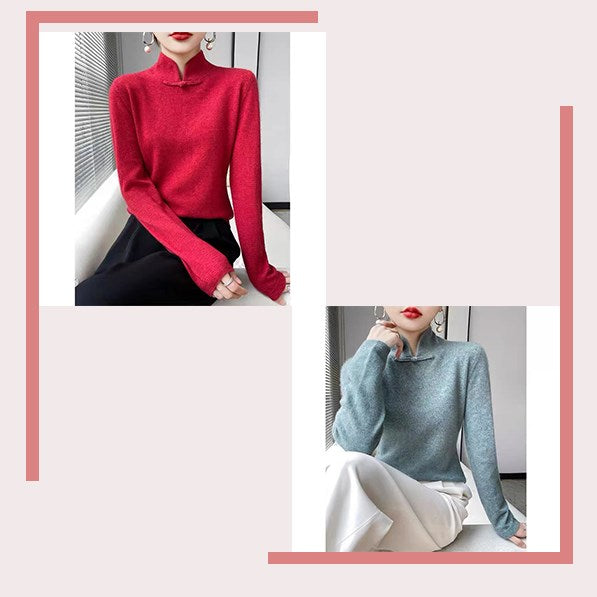 Jovienna - Elegant Winter High Neck Sweater with Vintage Clasp