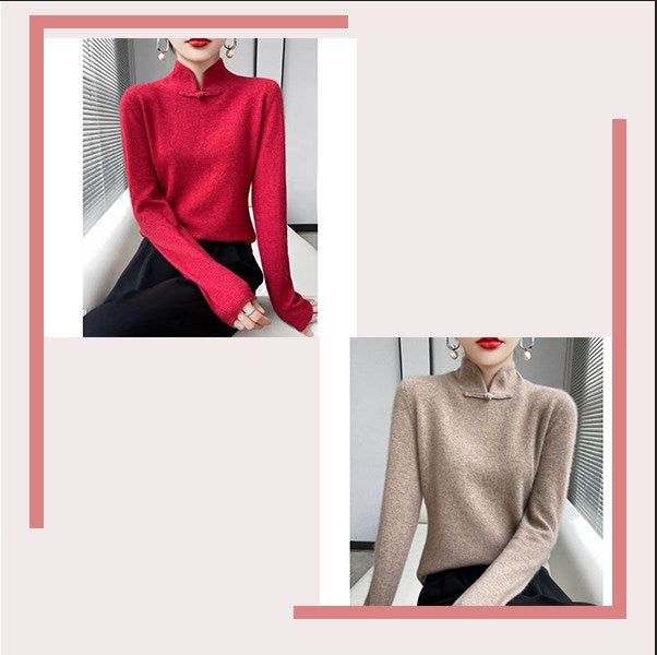 Jovienna - Elegant Winter High Neck Sweater with Vintage Clasp