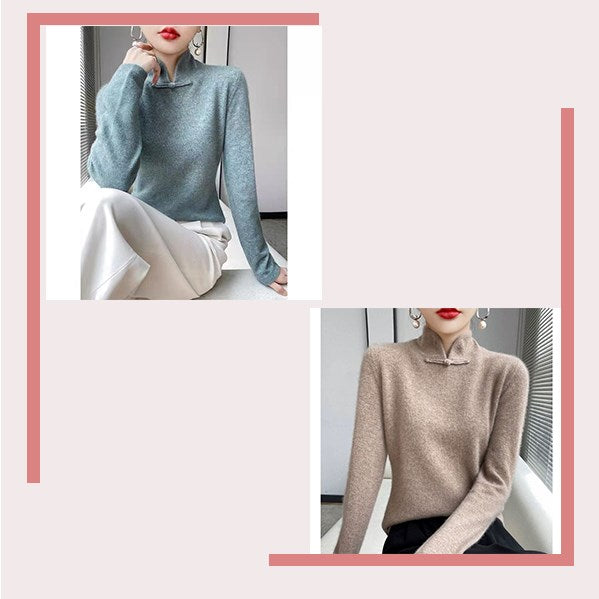 Jovienna - Elegant Winter High Neck Sweater with Vintage Clasp