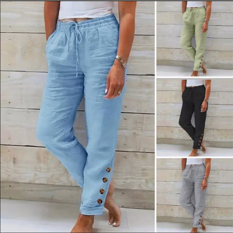 Korielle - Women's Lightweight Pants with Drawstring Waist and Ankle Buttons