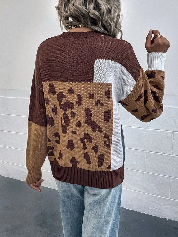 Kalirienne - Leopard Print Patchwork Knit Sweater