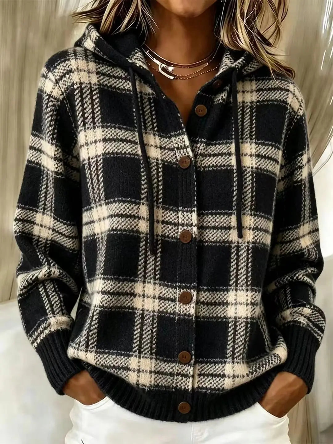Brookfield™ | Elegant Checkered Hooded Cardigan