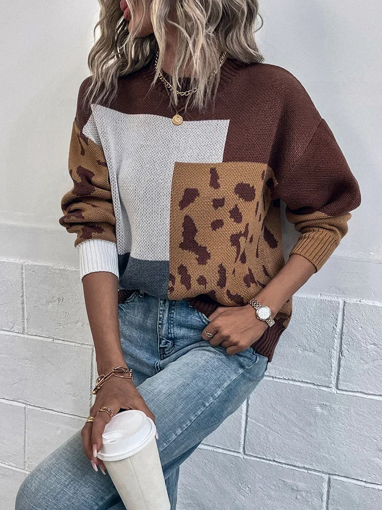 Kalirienne - Leopard Print Patchwork Knit Sweater
