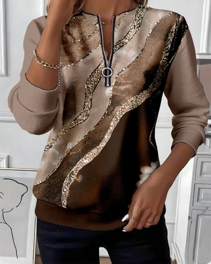 Dorevienne - Vintage Print Half-Zip Casual Sweatshirt