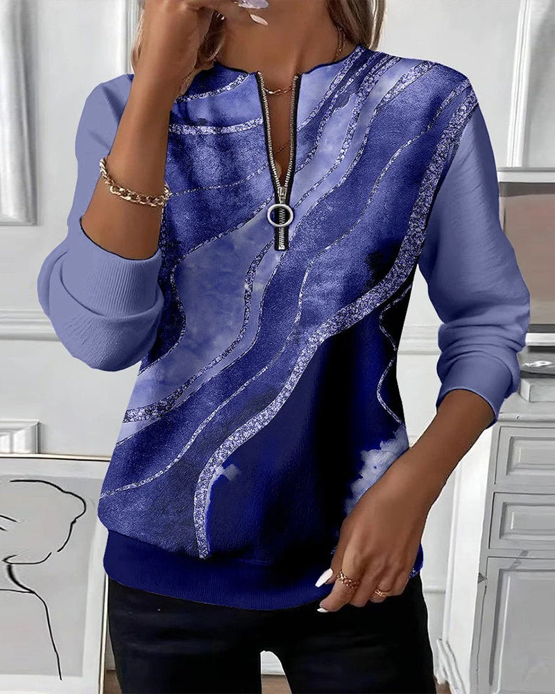 Dorevienne - Vintage Print Half-Zip Casual Sweatshirt