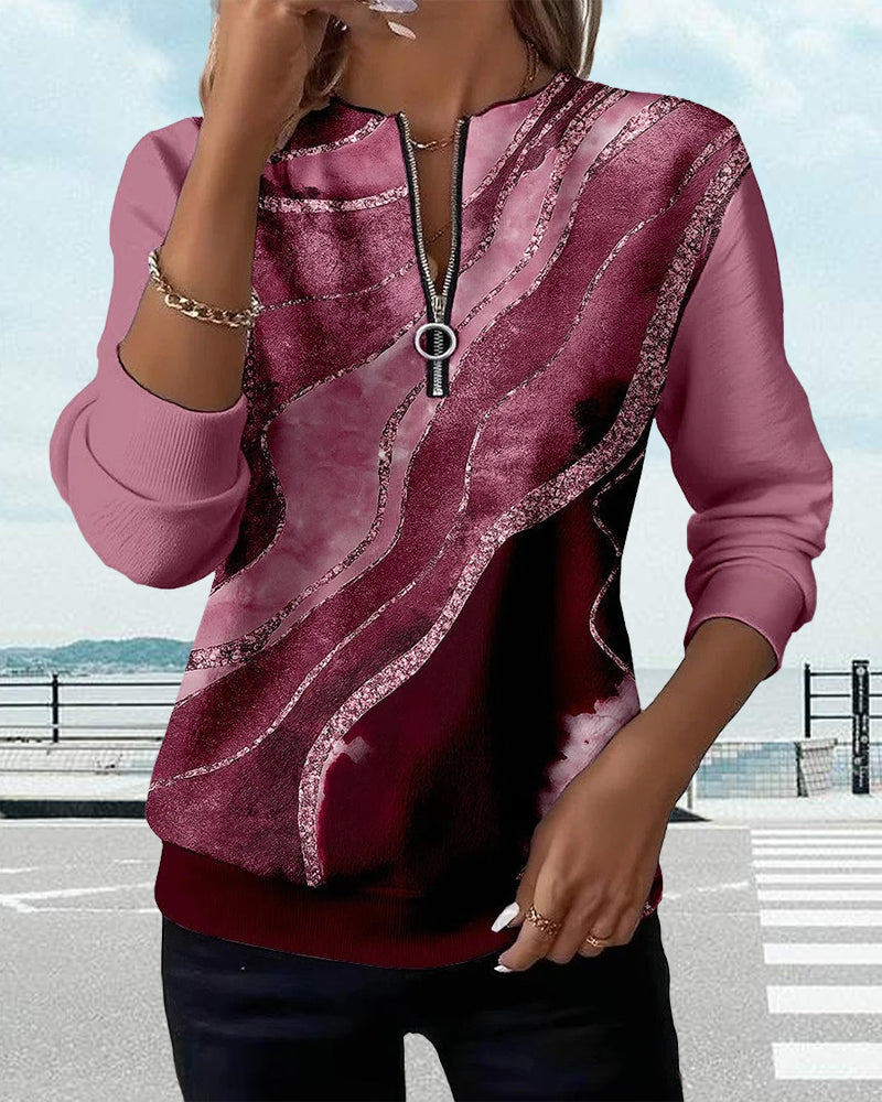 Dorevienne - Vintage Print Half-Zip Casual Sweatshirt