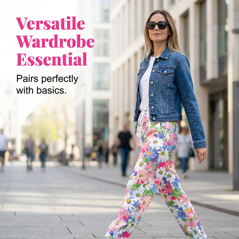 Marovelle - Women's floral trousers with adjustable waist and pockets