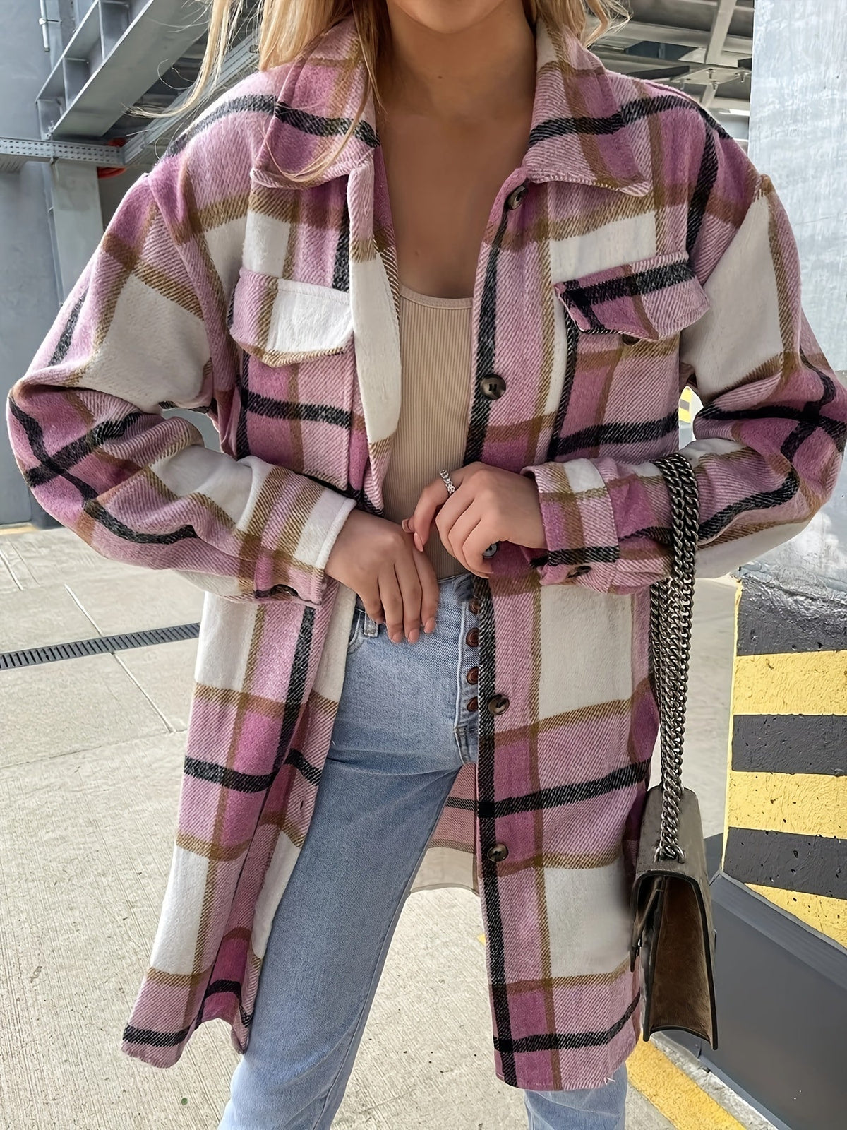 Evelora - Women's Long Plaid Print Jacket