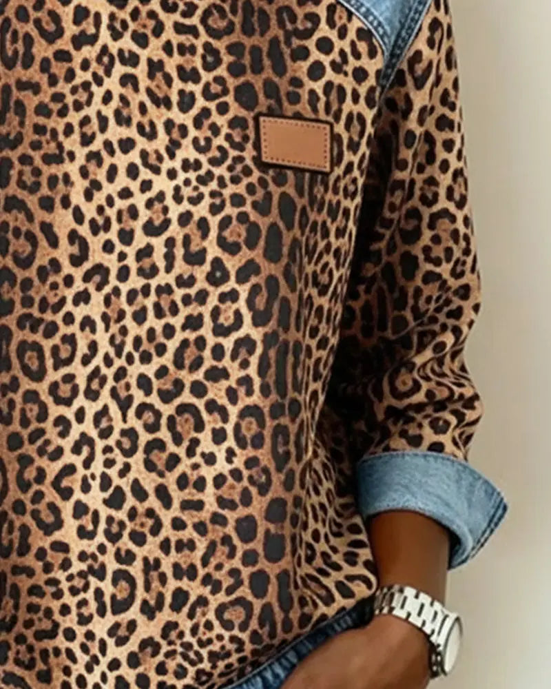 Averelisse - Casual Style Leopard Patchwork Denim Sweater