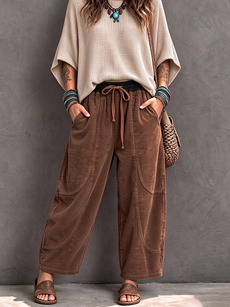 Sientje - Women's corduroy harem pants with elastic waist