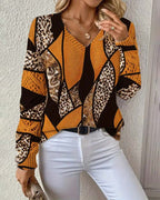 Gwenavine - Leopard Print V-Neck Sweater with Holes
